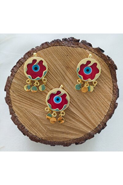 Bonanka Murano Cam Altın Kaplama Çerçeveli Nazar Kolye Ve Küpe Aparatı - Kırm...