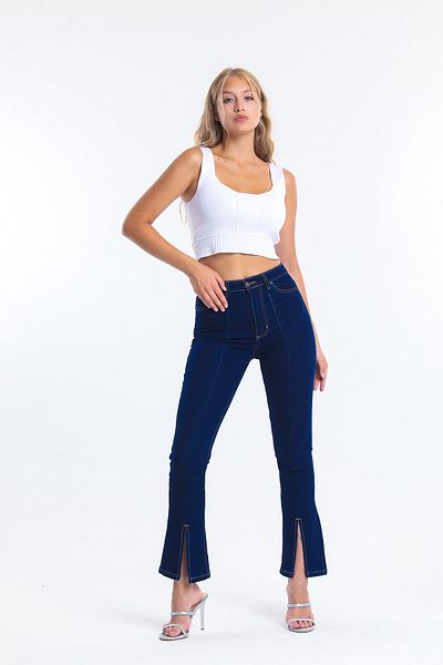 SHEVEGA Námořnicky modré džíny s vysokým pasem Flare Leg Slit Jeans Lycra Flare Leg Slit Jeans
