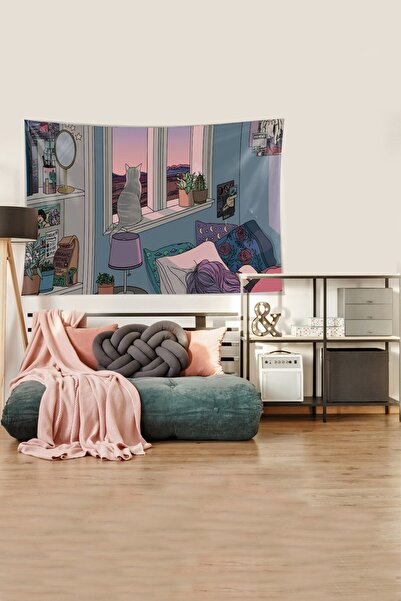 on the clouds Multicolor Cat And Sleeping Owner Stain Resistant Velvet Fabric Wall Cloth Wall Carpet Tapestry