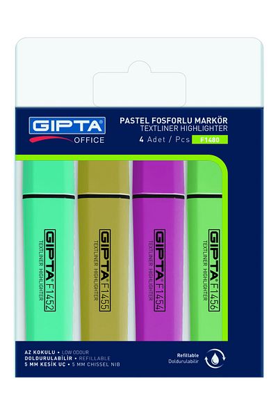 Gıpta Highlighter Marker - Highlighter Pen (Marking Pen) 5mm Cut Point Pastel 4 Color Set F1480