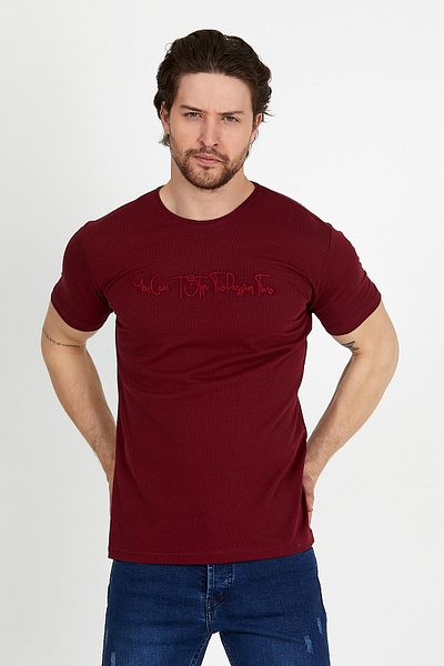 DYNAMO Tricou pentru bărbați, roșu Claret, cu decolteu rotund, cu detaliu de broderie