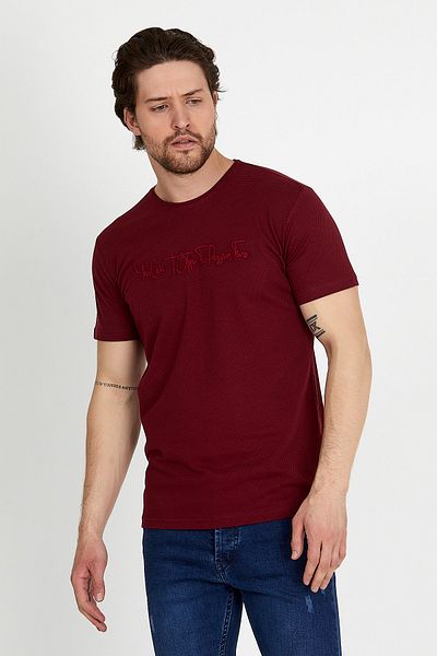 DYNAMO Tricou pentru bărbați, roșu Claret, cu decolteu rotund, cu detaliu de broderie