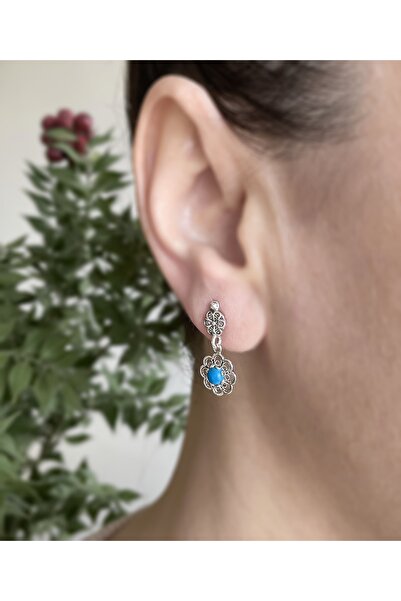 Filigran Silver Turkuaz Kıymetli Taşlı Minimal Zarif Sallantılı Küpeler, Telkari Sanatı Çiçekli Eskitme El Işi Küpe
