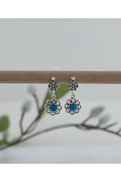 Filigran Silver Turkuaz Kıymetli Taşlı Minimal Zarif Sallantılı Küpeler, Telkari Sanatı Çiçekli Eskitme El Işi Küpe