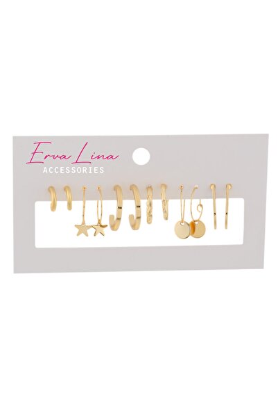 Ervalina 6 Çift Yıldız Ve Daire Figürlü Tasarım Küpe