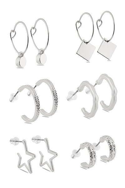 Ervalina 6 Çift Yıldız Ve Kare Figürlü Tasarım Küpe Set 1013 Gümüş Rengi