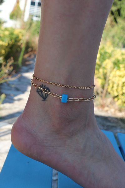 Dukkanka Set of 2 Blue Bodrum Stone Gold Color Rectangular Chain Women's Anklet