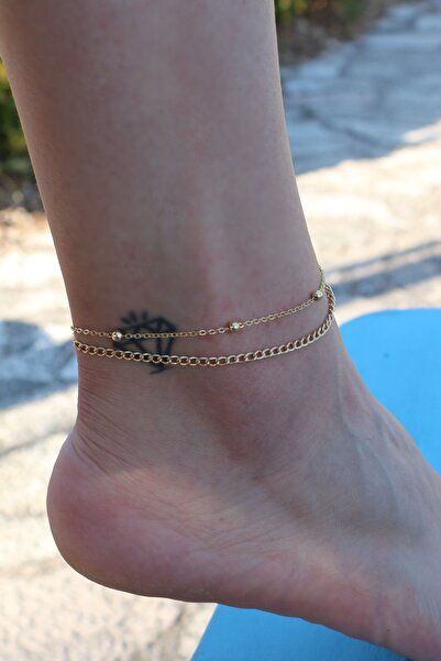 Dukkanka 2'li Dorika Ve Düz Zincir Altın Renk Kadın Halhal