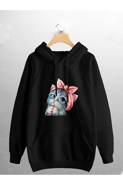 CANDEL Unisex Hooded Cute Kitten Printed Sweatshirt