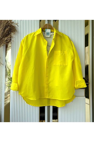 modabetce Shirt Yellow Oversize Balloon Sleeve Pleat Detailed Long Basic Women Shirt
