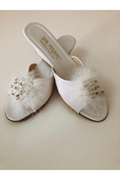 Işık Tekstil Tüylü Krem Kadın Çeyizlik Topuklu Gelin Ev Terliği