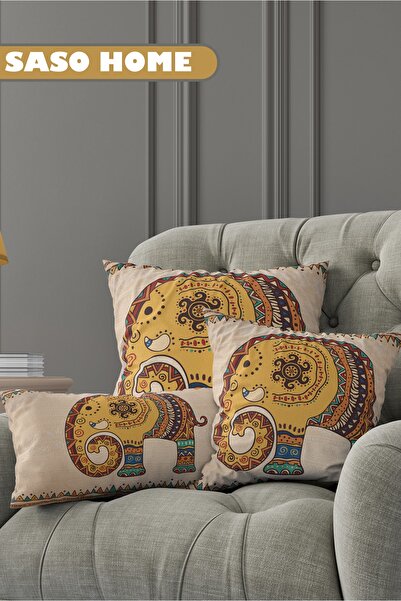 SasoHome 3D Digital Printed Throw Pillow Cover with Ethnic Indian Embroidered Elephant Pattern on Cream Background