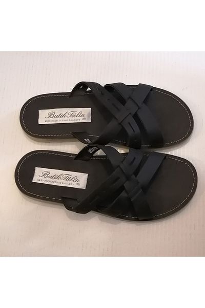 Butik Tülin شبشب من الجلد الطبيعي المحروق باللون الأسود للجنسين مع نعل إيفا مرن وحزام متقاطع مزدوج
