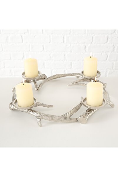 BOLTZE HOME Gümüş Geyik Boynuz Model Yuvarlak Mumluk Çap: 45 cm- Y:6 cm