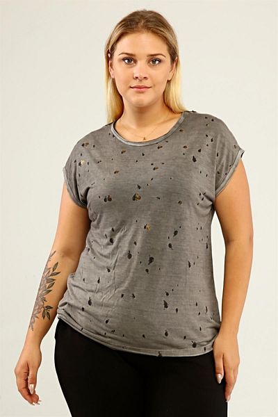 Seamoda Large Size Women's Comfortable Trend Daily Spade Print Back Lace Detailed T-shirt-anthracite