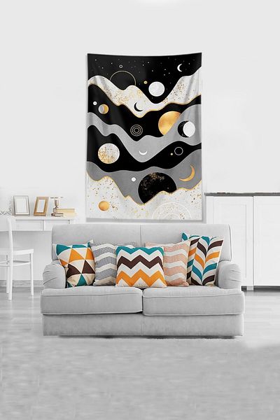 on the clouds Gri-negru Moon And Crescent Stain Resistant Velvet Fabric Tapet Tapiserie Tapiserie