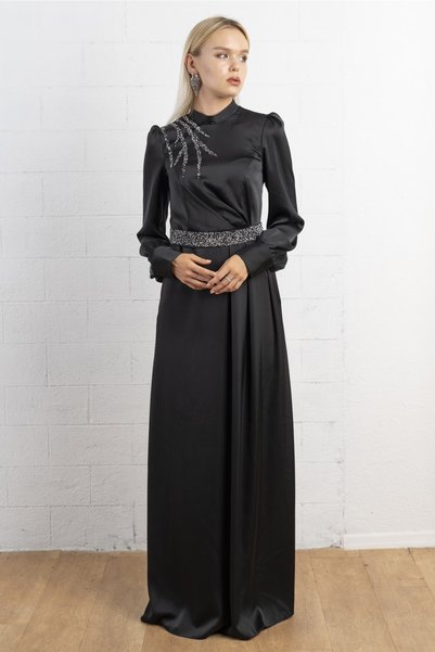 RUVİTA Black Color Stoned Evening Dress Hijab Gowns