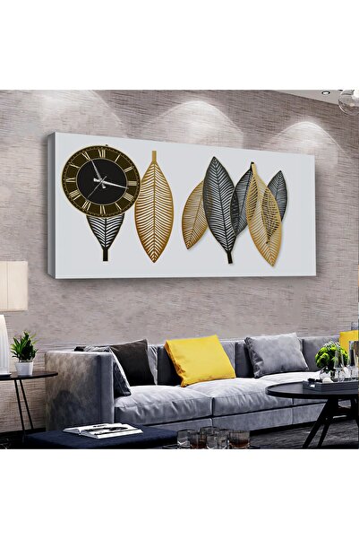 Zevahir Mobilya Dekorasyon Yaprak 100 X 50 Cm Saatli Kanvas Tablo