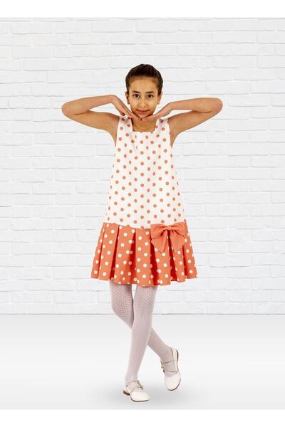 Kıvanç Çocuk Kız Çocuk Puantiyeli Pileli Beyaz Pudra Kolsuz Yazlık Elbise