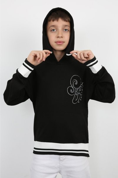 Elvinsa Black Kangaroo Pocket Hooded Surf Up Printed Boys' Sweatshirt