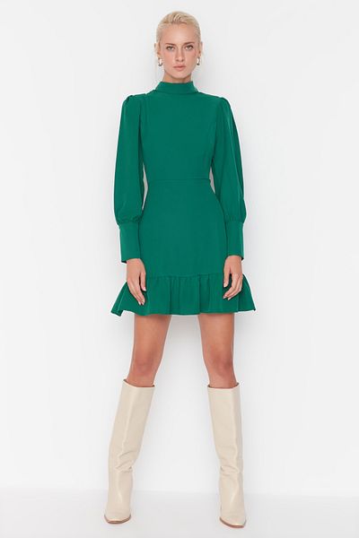 Trendyol Collection Μίνι υφαντό φόρεμα Μίνι υφαντό σμαραγδί σε γραμμή Α με βάση γιακάς φούστα TWOAW21EL1816
