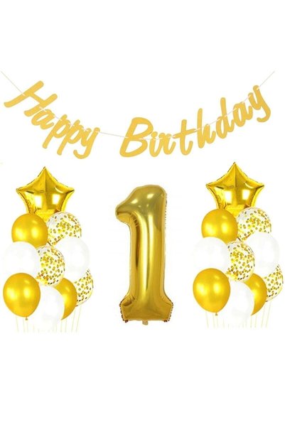 DÜVENCİ TİCARET 1 Year Old Gold Happy Birthday Set - Mini Party Store