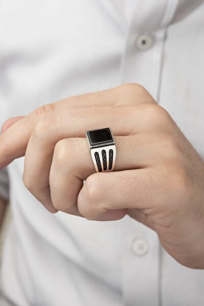 ALYANSEVİM Kare Siyah Oniks Taşlı 925 Gümüş Erkek Yüzük