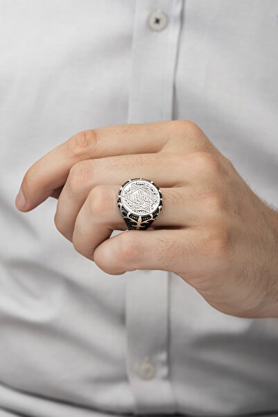 ALYANSEVİM Mührü Süleyman Işleme 925 Gümüş Erkek Yüzük