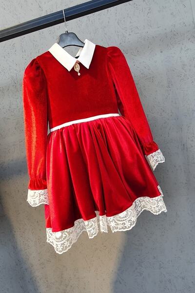 SCSTİL Kız Çocuk Kırmızı Dantelli Kadife Elbise