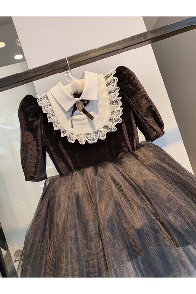 SCSTİL Kız Çocuk Siyah Kadife Dantel Detaylı Elbise