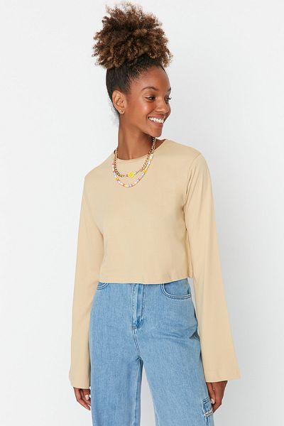 Trendyol Collection Bézs Loose Crop kötött póló