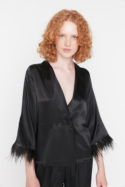 Trendyol Collection Tkané pyžamové kalhoty z černého peří THMAW23PT00086