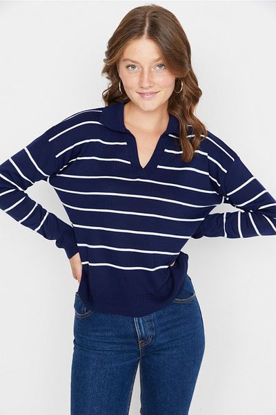 Trendyol Collection Polo nyakú sötétkék csíkos kötöttáru pulóver - TWOAW22KZ0735