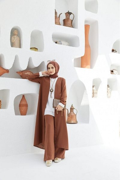 NS Moda طقم حجاب كتان 3 قطع بني موديل-452