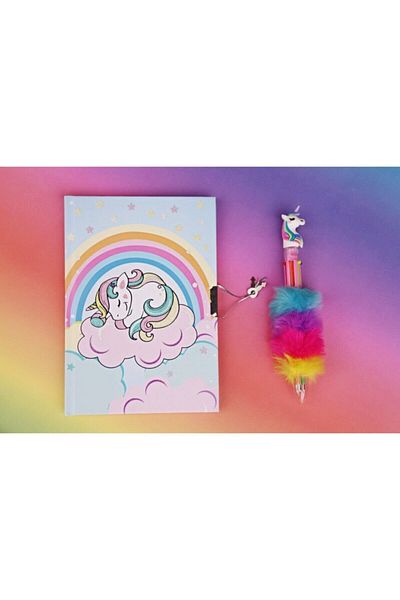 Pippa Set de caiete cu unicorn și 6 culori de pix de pluș Curcubeu albastru