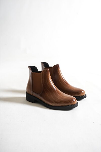 MORIA Shoes Naomi Bej Kroko Baskı Çift Taraf Fermuarlı Kadın Bot Topuk 3 Cm Hazır Taban