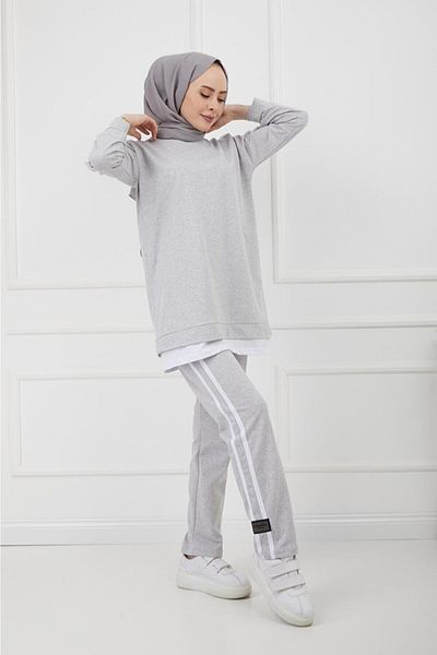 CNG MODA Women's Hijab Piping Embroidered Tracksuit Set Gray