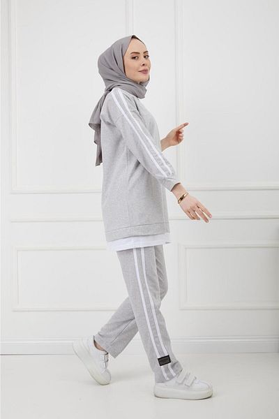 CNG MODA Women's Hijab Piping Embroidered Tracksuit Set Gray