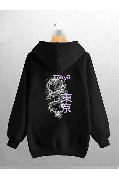 Joza Outdoors Hanorac unisex, femei, bărbați, cu imprimeu Tokyo Dragon, cu design negru
