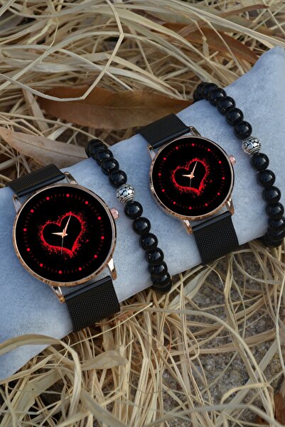 Kubbehan Sevgili Saati Siyah Rose Gold Hasır Çift Kırmızı Kalpli Saat Ve Bile...