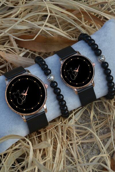 Kubbehan Sevgili Saati Siyah Rose Gold Hasır Çift Kedili Love Saat Ve Bilekli...