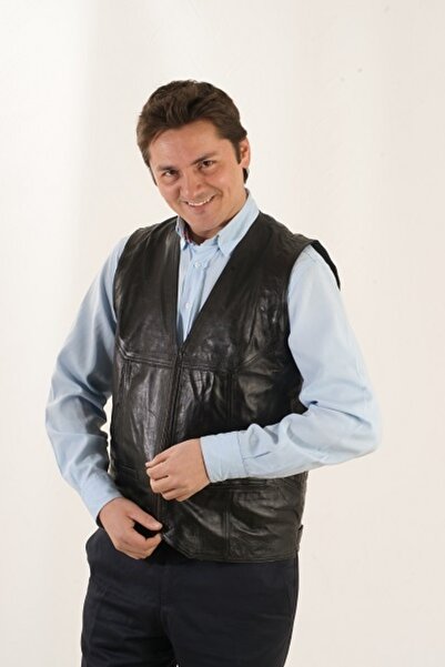 Derimont's Hakiki Deri Siyah Paname Fermuarlı Erkek Deri Yelek