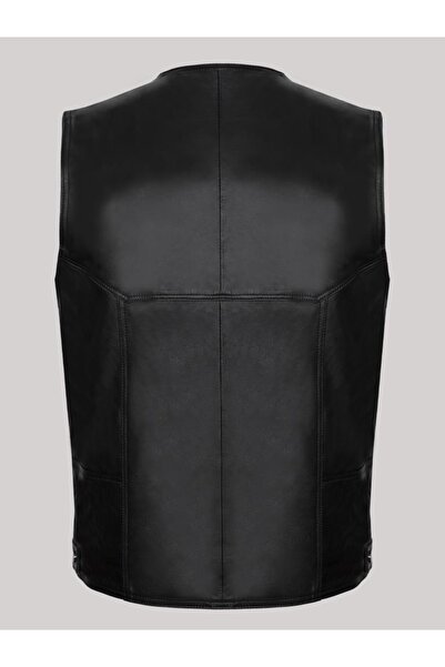 Derimont's Hakiki Deri Hakiki Deri Siyah Fermuarlı Erkek Yelek
