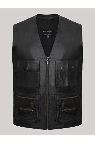 Derimont's Hakiki Deri Hakiki Deri Siyah Fermuarlı Erkek Yelek