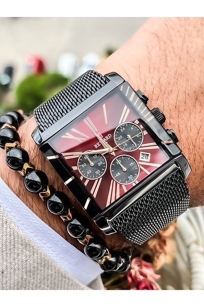 Reward Square Dial, Mesh Strap Claret Red Color Functions Active Men's Wristwatch+bracelet
