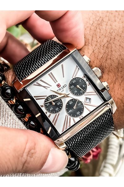 Reward Square Dial, Mesh Strap Black Color Functions Active Men's Wristwatch+bracelet