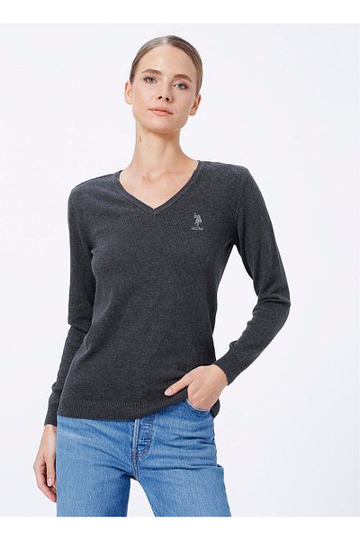 U.S. Polo Assn. V-Neck Plain Gray Women's Sweater Gtd02-bsk22