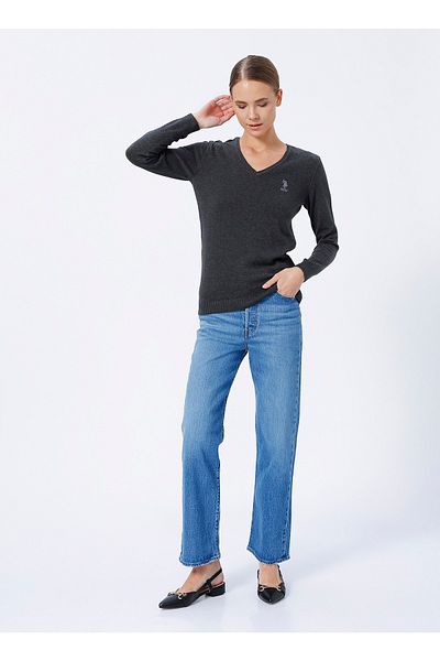 U.S. Polo Assn. V-Neck Plain Gray Women's Sweater Gtd02-bsk22