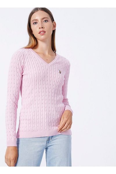 U.S. Polo Assn. سترة نسائية باللون الوردي العادي برقبة على شكل حرف V Tk03-bsk22