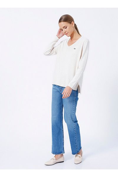U.S. Polo Assn. V-Neck Ecru Women's Sweater Orınav-sk22